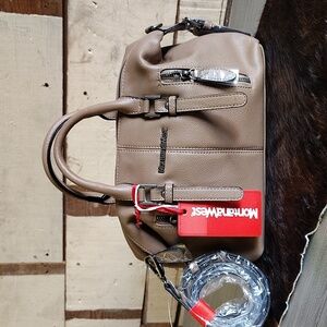 Montana West satchel crossbody bag beige zip lop double handle PU leather pocket